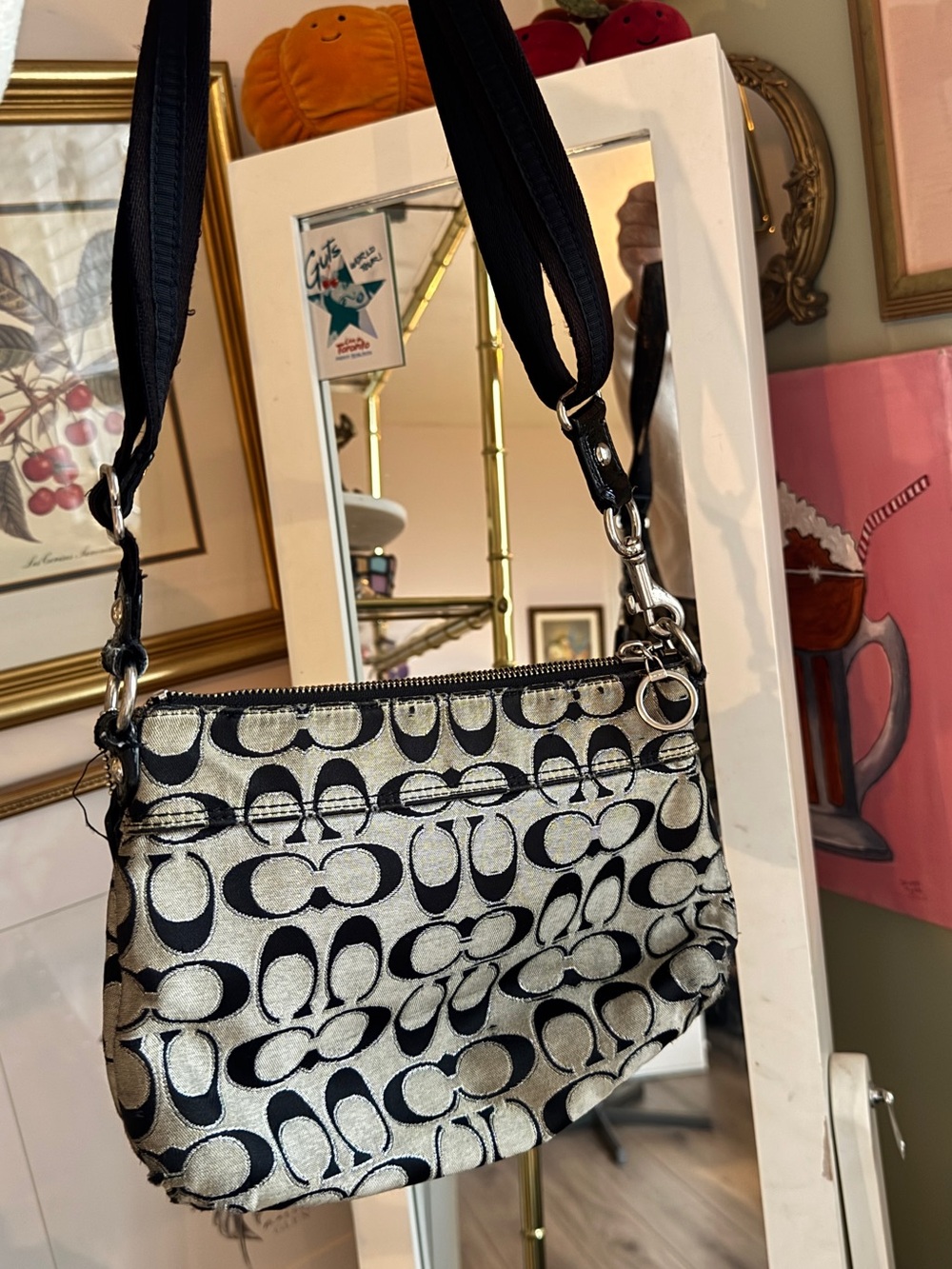 Coach Metallic Silver & Black Signature Shoulder Bag - Picture 5 of 6